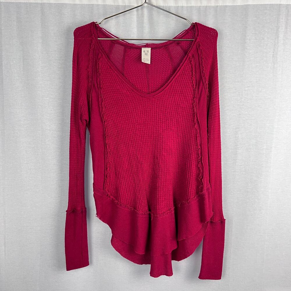 Free People Top Womens XS Catalina Thermal Waffle Knit Long Sleeve Red Fall Cozy